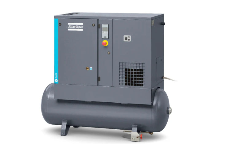 Atlas Copco rotary screw air compressor with integrated tank for industrial applications